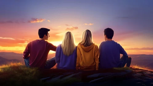 Sunset hillside gathering with stylized backlit friends.