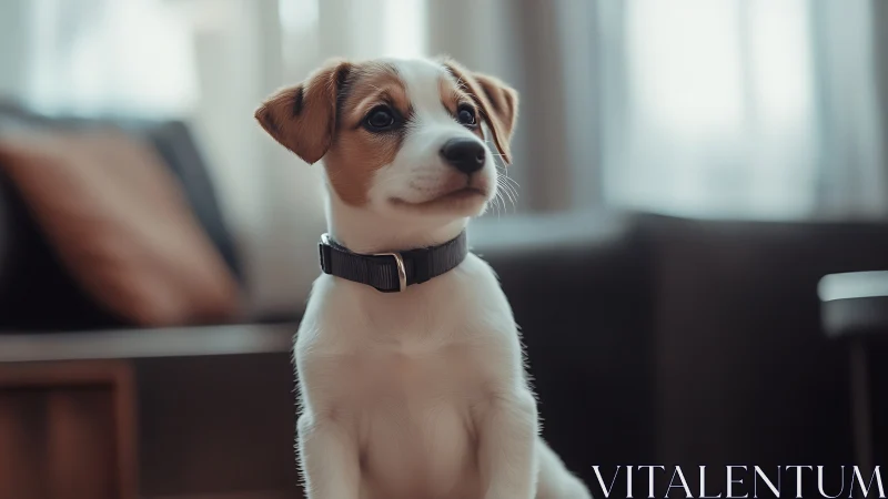 Small brown and white puppy indoors on soft blurred background.