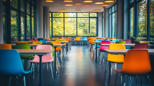 Colorful modern cafeteria with bright window views.