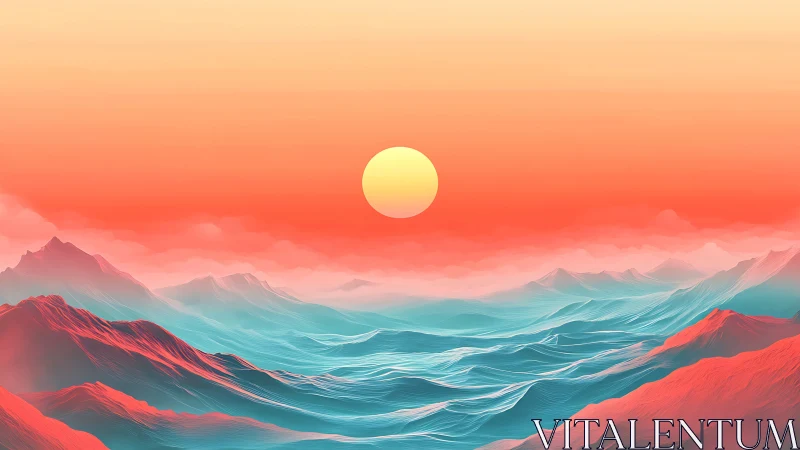 Sunlit gradient sky over stylized teal and red mountains.