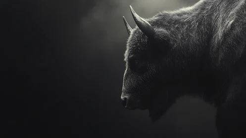 Side profile shows solitary buffalo rendered against darkness