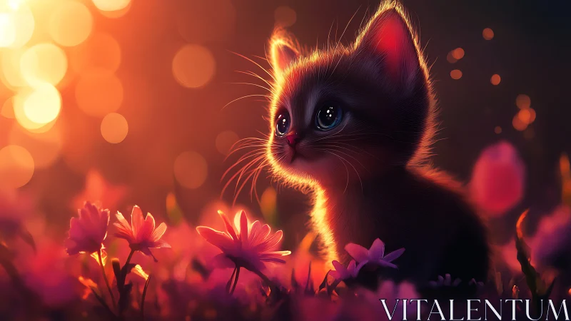 Black Kitten Among Glowing Flowers in Golden Light.