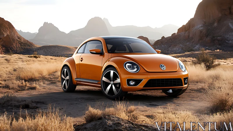 Orange compact hatchback is parked in a dry rocky landscape