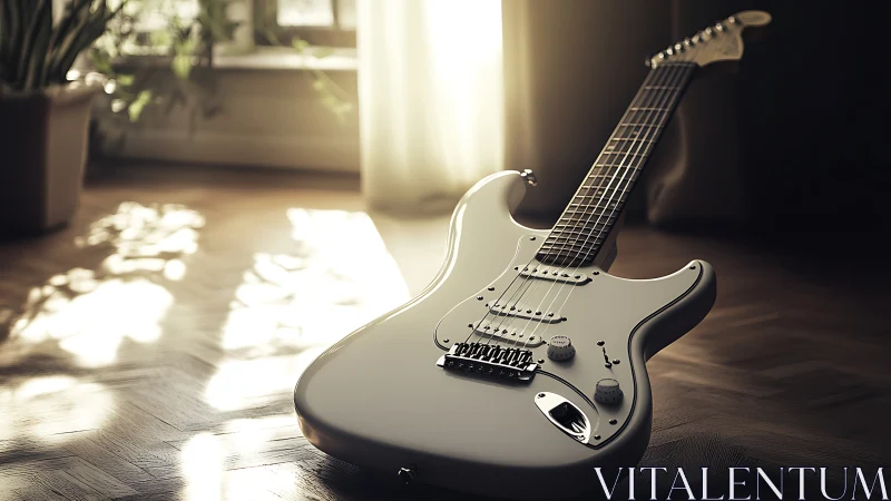 White solid‑body electric guitar on wooden floor in light.