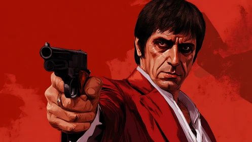 Man in red suit points handgun toward viewer on red backdrop