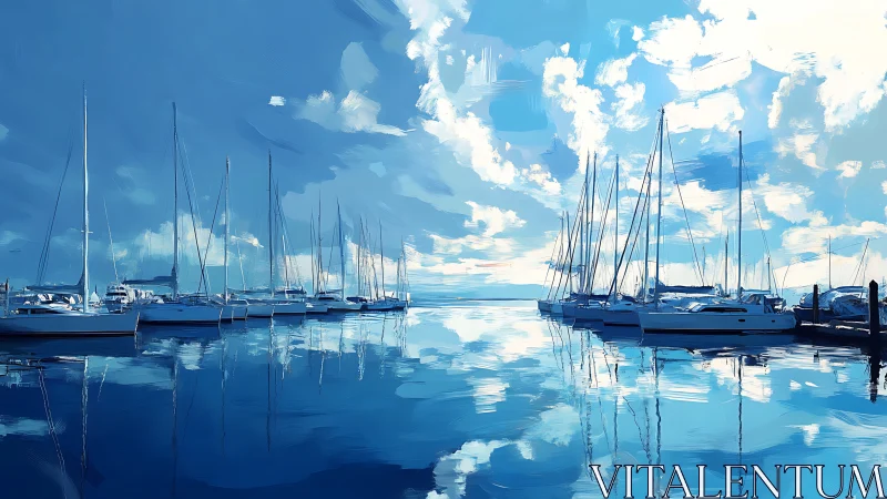 High-chroma marina scene with sailboats and specular water reflections