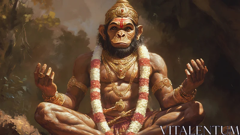 Meditating monkey deity radiates calm within forest shrine.