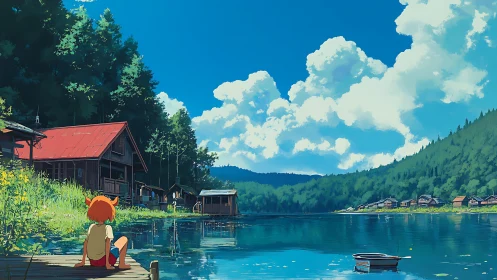 Child on lakeside dock with cabins under bright blue sky.