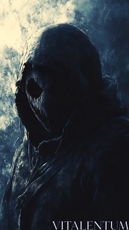 Storm-lit hooded wanderer in shadow and swirling mist.