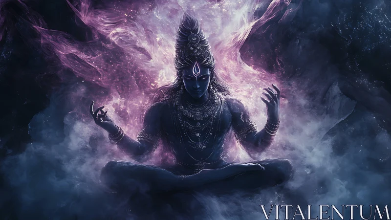 Seated divine figure in symmetrical meditative pose amid mist