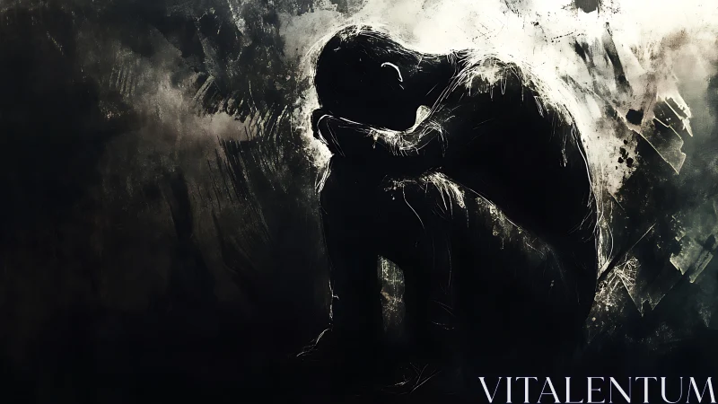 Silhouetted sorrow curls inward against a storm of shadows.