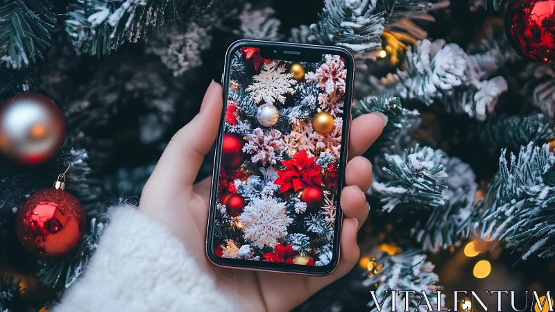 Hand holds smartphone displaying mirrored holiday tree scene