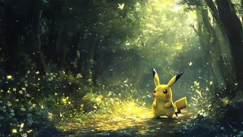 Sunlit forest welcomes a curious yellow creature with wonder