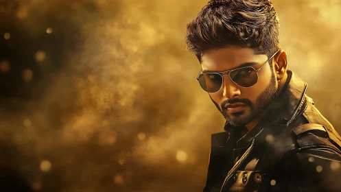 Brooding man in sunglasses poses in glowing golden haze.