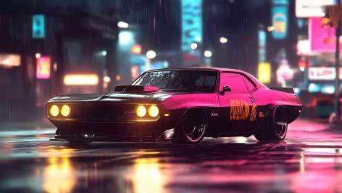 Muscle car sits in neon city street at night in heavy rain