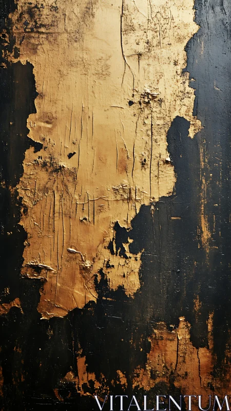 Textured gold paint peeling over dark distressed surface.
