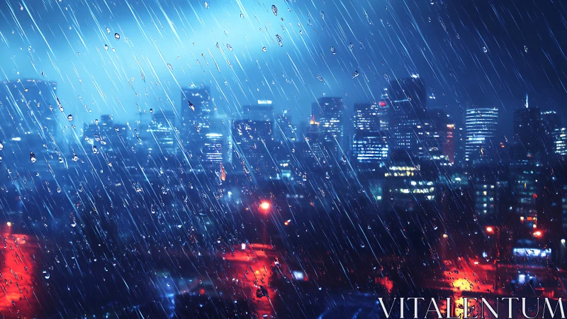 Cyberpunk nocturne cityscape with dynamic rain streak overlay.