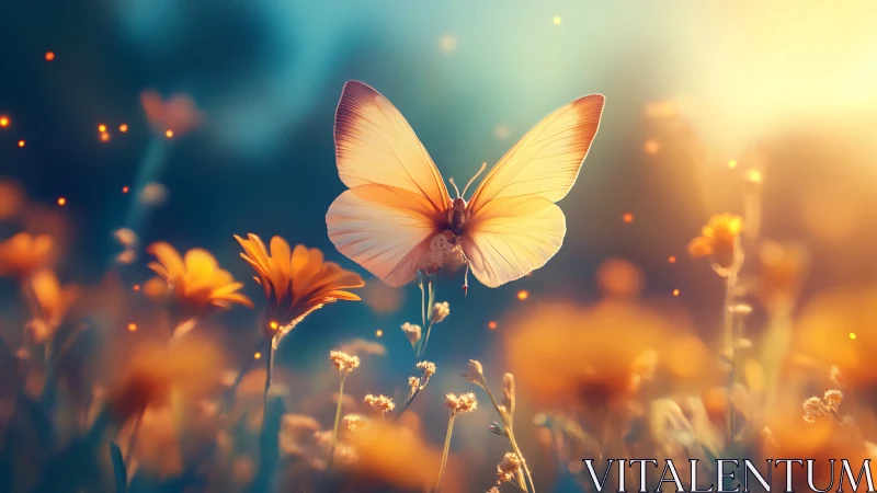Soft orange butterfly over warm bokeh flower meadow.