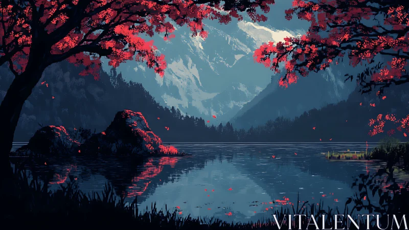 Digital painting landscape with alpine lake and crimson trees.