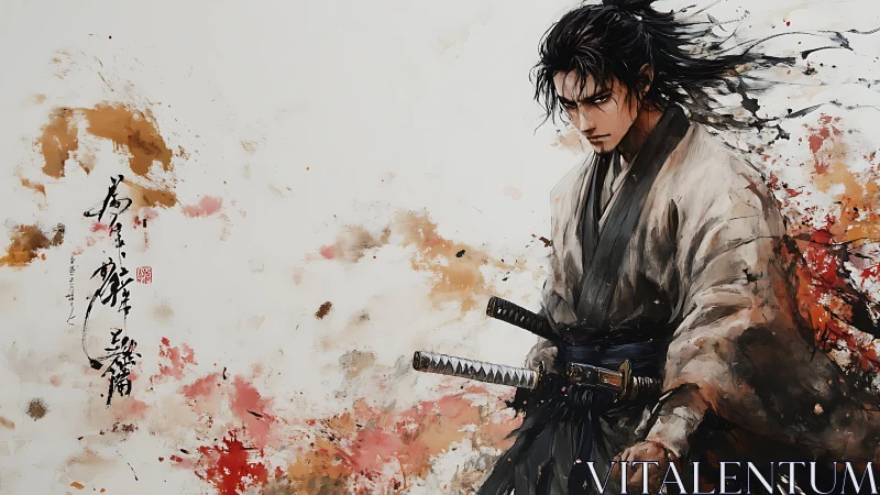 Solitary samurai stands amid calligraphic ink and splashes.