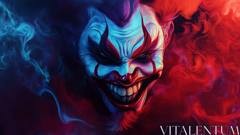 Carnival smoke coils as a neon demon clown grins wider