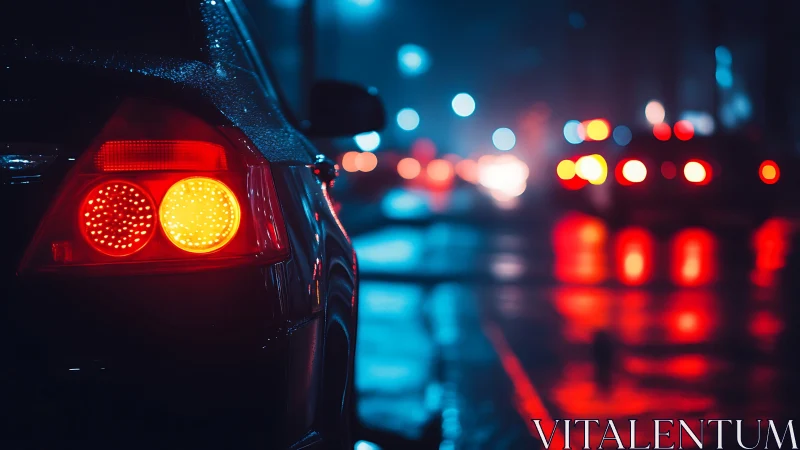 Car taillights glow over neon reflections on wet city street.
