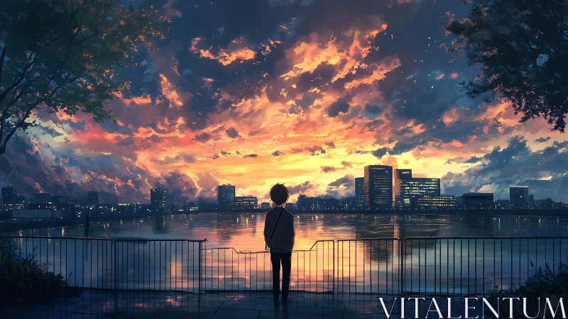 Solitary figure observes city skyline across reflective water