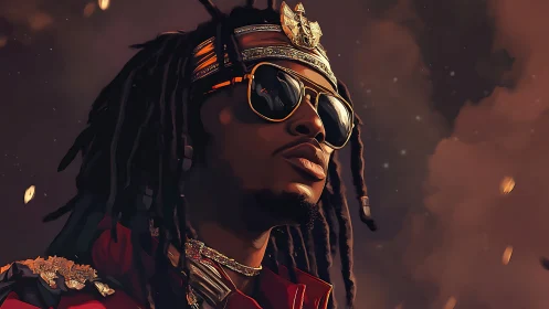 Crowned urban monarch in ember-lit sky of drifting sparks.