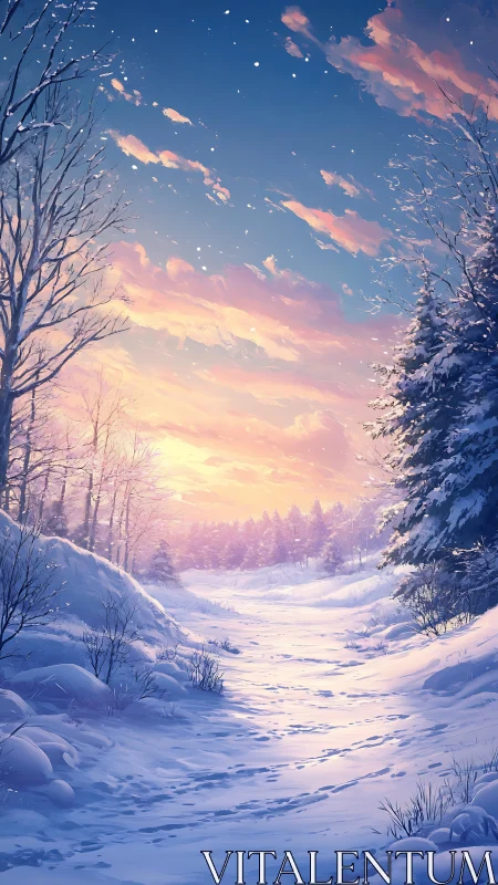 Snow covered forest path under pastel winter sunset sky.