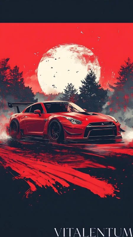 Digital painting of red sports car under lunar backlight.