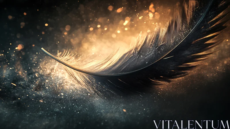 Photorealistic macro feather arc under luminous bokeh field.