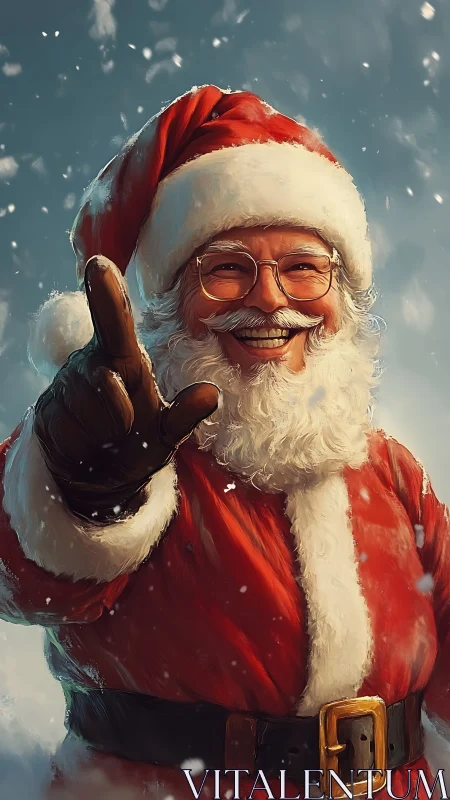 Jolly Santa points through snowfall in blazing holiday cheer.