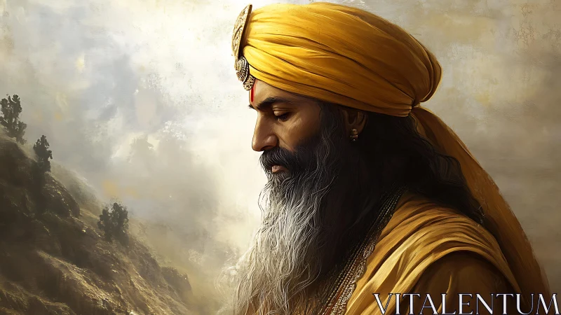 Sage profile portrait in golden robes against misty cliffs.