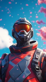 Spring sky sentinel in sleek red sci-fi armor suit.