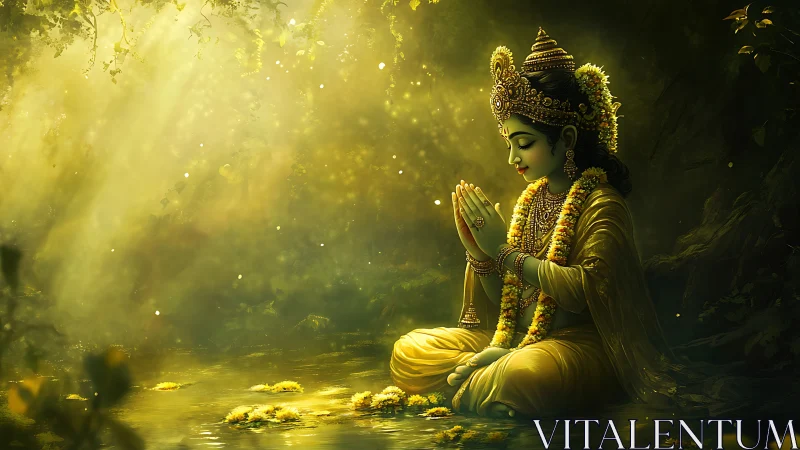 Deity figure in yellow garments seated by reflective water surface.