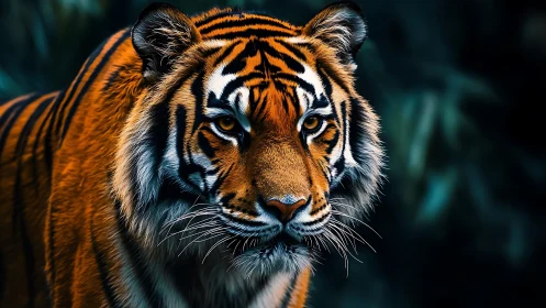 Majestic tiger portrait with intense gaze in deep forest.