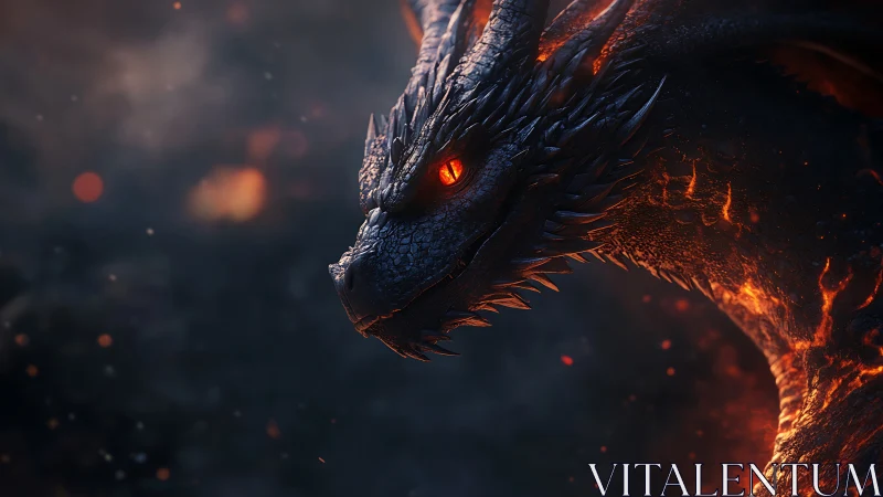 Molten-scaled dragon profile under embers and shadow.