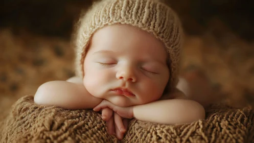 Sleeping Newborn Infant Posed with Cream Knit Beanie. Neonatal Portrait.