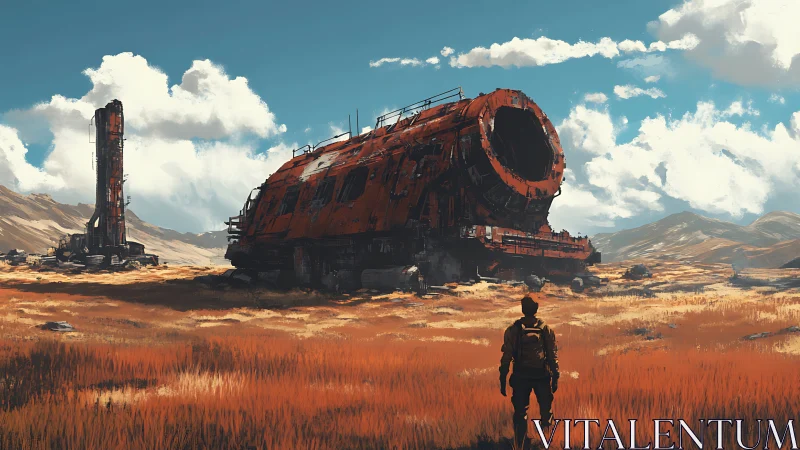 Rust-red starship wreck rests quietly in a golden plain