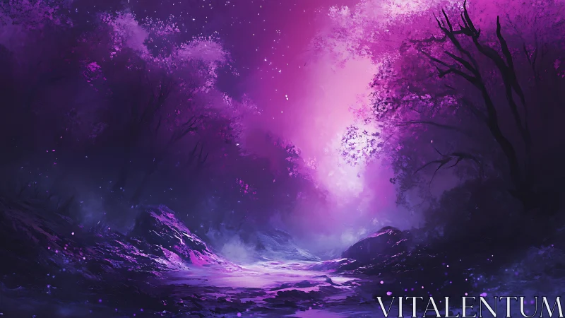 Iridescent magenta forest corridor under volumetric nebula glow