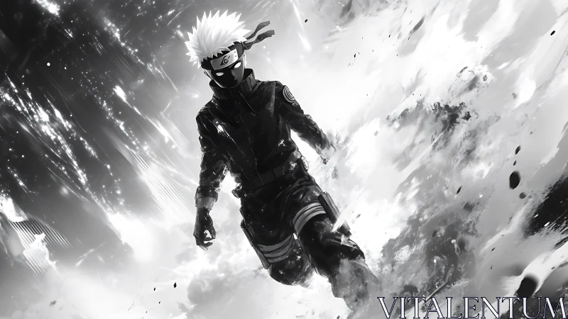 High contrast anime warrior advances through dynamic energy field