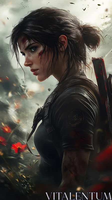 Battle-hardened female warrior in bloodstained jungle gear.