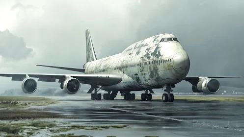 Weathered jumbo jet resting on wet foggy airstrip.