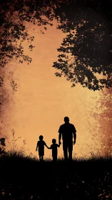 Father and Two Children Silhouette Sunset Nature