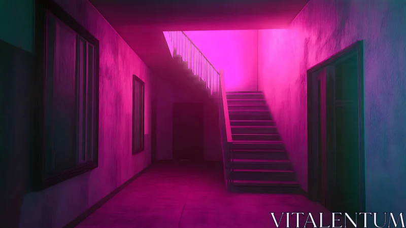 Neon stairwell dreaming in magenta haze and quiet echoes.