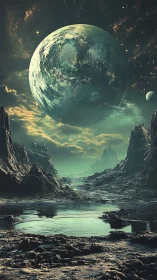 Wondrous alien world beneath a softly glowing giant planet.