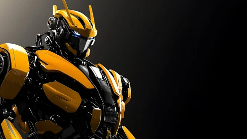 Armored yellow combat mech in cinematic three-quarter profile.
