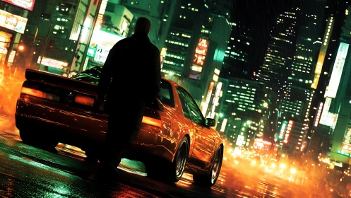 Neon rain showdown with a lone driver and blazing street machine.