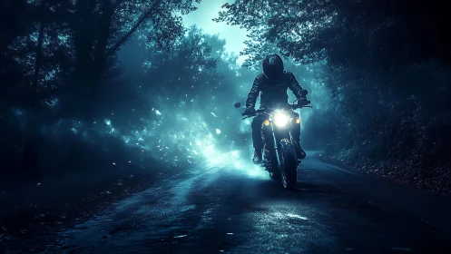 Motorcyclist traversing wet forest road in cinematic blue fog.