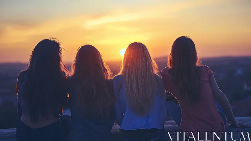 Four Friends Sitting Together Watching Sunset, Warm Backlit Style.